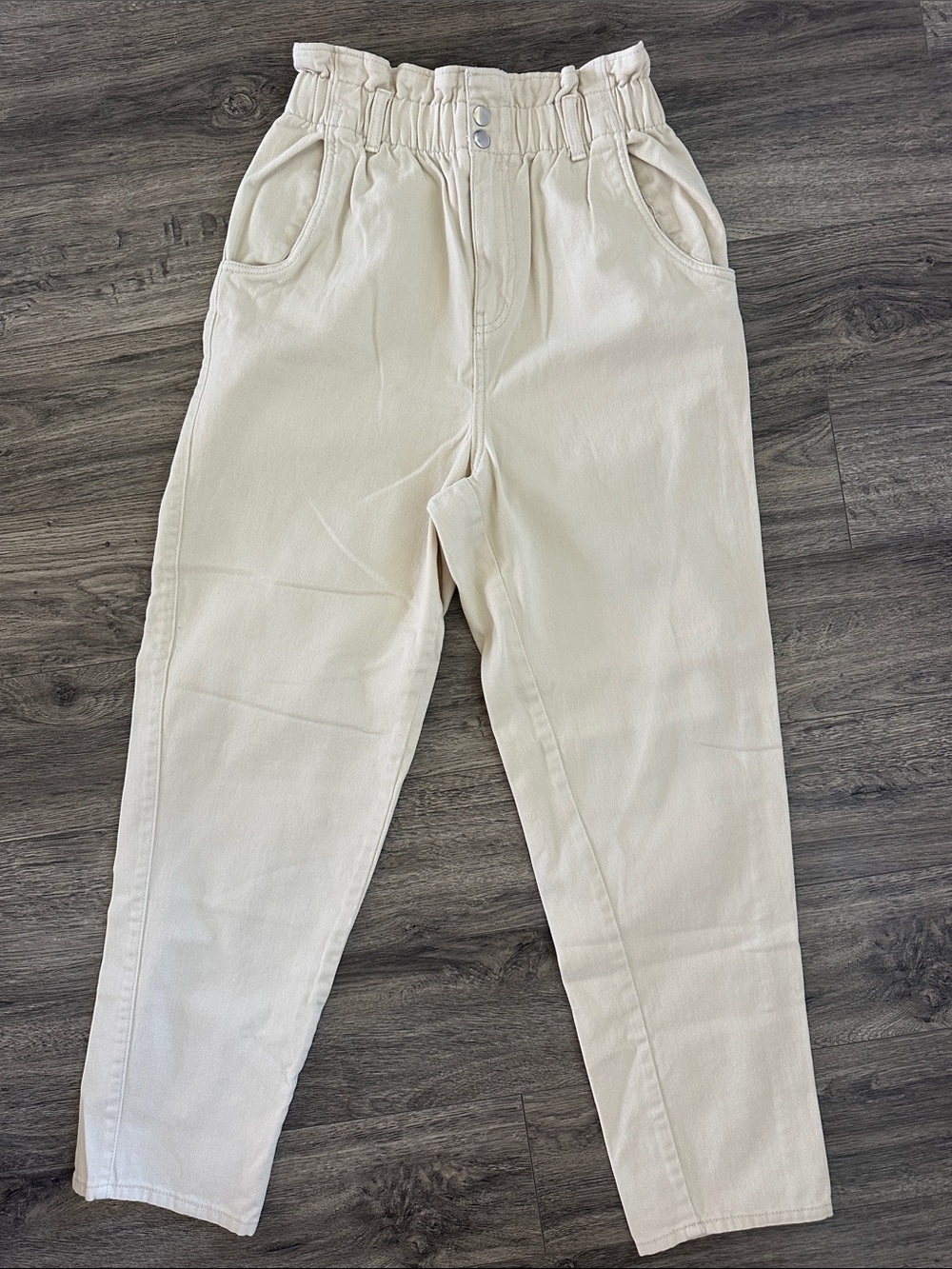 H&M Cream High-Waist Paperbag Tapered Pants